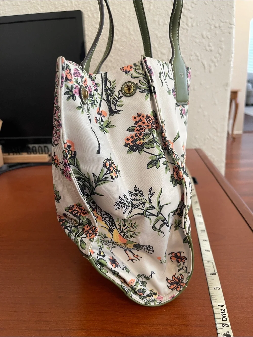 Tory Burch Ella Floral Peacock Tote Green Leather Large Printed Bag